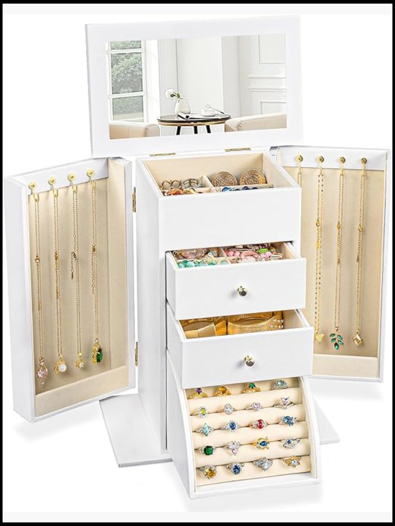 Large Jewelry Box Organizer With Mirror Velvet Interior 4 Tier Storage